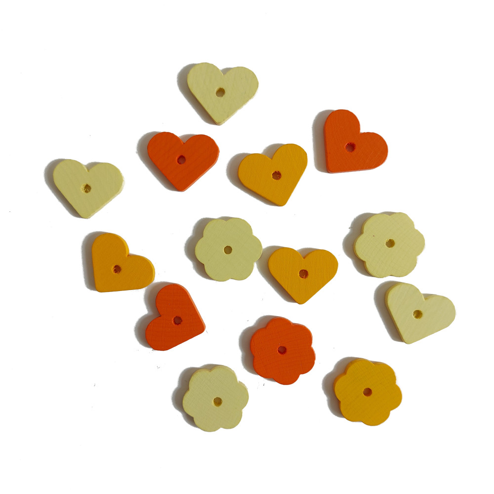 Wood Beads -  Hearts and Flowers - Yellow